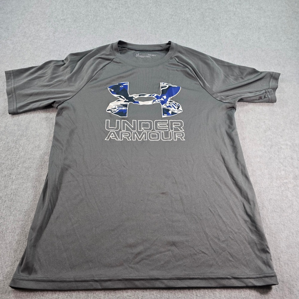 Under Armour Kids Youth T Shirt Gray Camo Logo Short Sleeve Athletic Top YLG